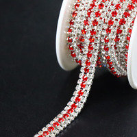 Jerler 3 Rows 2 Yards Rhinestone Trim Close Chain For Crafts Wedding And Clothing Decorations (Red)
