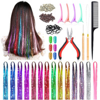 Mckanti 14 Colors Hair Tinsel Kit With Tool  47 Inch 2800 Strands Tinsel Hair Extensions For Women Girls  Fairy Hair Tinsel Glitter Sparkling Shiny Colorful Synthetic Hair For Party Daily Life Fashion