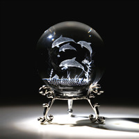 Hdcrystalgifts 3D Engraved Crystal Ball With Stand 60Mm Dolphin Paperweight Glass Sphere Decorative Balls(Clear)