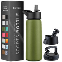 Finedine Water Bottle - Stainless Steel Insulated Water Bottle With Straw Lid  Flip Lid & Wide-Mouth Cap - Keeps Hot And Cold - 25 Oz / 739Ml - Army Green