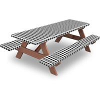 Kenobee Picnic Table And Bench Fitted Tablecloth Cover  3-Piece Set  Flannel Backing Elastic Edge Waterproof Wipeable Plastic Cover Vinyl Tablecloth For Home Goods Indoor Outdoor Patio  Black-White