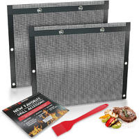 Bbq Non-Stick Large Mesh Grilling Bags + Basting Brush - Reusable Ptfe Mesh Indoor Outdoor Charcoal Barbecue Grill Bag Accessories  Heat-Resistant Up To 500 F  Easy To Clean  Dishwasher-Safe - Set Of 2
