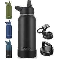 Civago 32 Oz Insulated Water Bottle With Straw  Stainless Steel Sports Water Cup Flask With 3 Lids (Straw  Spout And Handle Lid)  Wide Mouth Travel Thermal Mug  Black