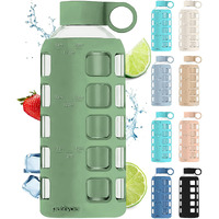 Purifyou 40Oz / 32Oz / 22Oz / 12Oz Borosilicate Glass Water Bottle With Time & Volume Markers  Silicone Sleeve  Stainless Steel Lid | Reusable Glass Bottle For Water & Juice (22Oz Shale Green)