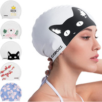 Copozz Adult Swim Caps  Silicone Waterproof Comfortable Swimming Cap For Women  Long And Short Hair(Black Cat-12Yrs+)