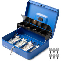 Volcora Large Cash Box With Key Lock  Metal Money Box For Cash  Portable Locking Safe Box With Coin Tray  Durable Money Saving Organizer For Yard Sale  Garage Sale  Small Business  Blue