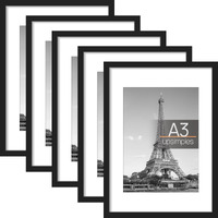Upsimples A3 Picture Frame Set Of 5  Display Pictures 8.3X11.7 With Mat Or 11.7X16.5 Without Mat  Wall Gallery Poster Frames  Black