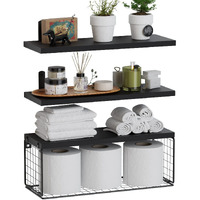 Wopitues Bathroom Shelves Over Toilet  Black Floating Bathroom Shelves Wall Mounted With Wire Basket  Wood Shelf For Wall D?Cor  Bathroom Wall D?Cor Shelves  Wall Shelves For Bathroom-Black