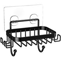 Odesign Soap Dish Holder With 6 Hooks Loofah Bath Sponge Towel Razor Holder For Bathroom Shower Kitchen Adhesive Wall Mounted No Drilling Stainless Steel - Black