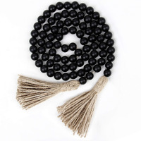 58In Wood Bead Garland With Tassels Farmhouse Beads Rustic Country Decor Prayer Boho Beads Wall Hanging Decoration (Black)
