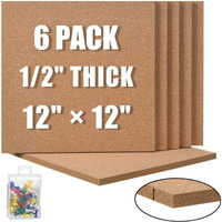 Sungift Cork Board 12""X12"" - 1/2"" Thick Square Bulletin Boards 6 Pack Cork Tiles With 50 Push Pins Mini Wall Self-Adhesive Corkboards Tiles For Wall