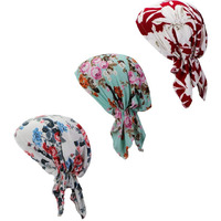 Pre Tied Chemo Head Scarf 3 Packed Beanie Skull Cover Cap For Women (Set4-Floral)