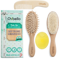 Chibello 4 Piece Wooden Baby Hair Brush And Comb Set Natural Goat Bristles Brush For Cradle Cap Treatment Wood Bristle Brush For Newborns And Toddlers Perfect For Baby Shower And Registry