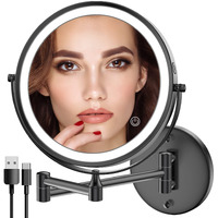 Rocollos Rechargeable Wall Mounted Lighted Makeup Mirror  8 Inch Double-Sided Led Vanity Mirror 1X/10X Magnification 3 Color Lights Touch Screen Dimmable 360Swivel 13 Inch Extendable
