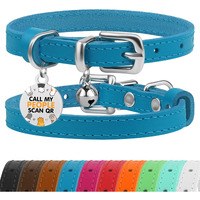 Bronzedog Leather Cat Collar With Removable Bells Non Breakaway Kitten Qr Tag For Girl Boy (7 "" - 9 "" For Cats  Blue & Silver)