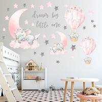 Dream Big Little One Elephant Wall Stickers  Pink Moon Hot Air Balloon Grey Stars Wall Decals For Nursery Kids Room Living Room Bedroom Decorations Home Decor
