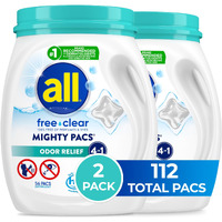 All Mighty Pacs Laundry Detergent  Free Clear Odor Relief  Tub  56 Count (Pack Of 2)  112 Total Loads