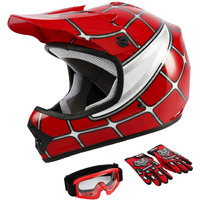 Tcmt Dot Youth & Kids Motocross Offroad Street Helmet Red Spider Motorcycle Youth Helmet Dirt Bike Motocross Atv Helmet+Goggles+Gloves S