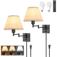 Trlife Wall Sconce With Remote Control  Dimming 10%-100% And Adjustable Color Temperature 2700K-6500K Swing Arm Wall Lights With Plug In Cord  9.4"" Medium Beige Fabric Shade(2 Pack  2 Bulbs Included)