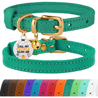 Bronzedog Leather Cat Collar With Bell Non Breakaway Kitten Qr Tag For Girl Boy (9"" - 11"" Cats/Mini Dogs  Green & Gold)