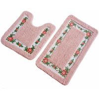 Ukeler Non-Skid Floral Rose Bathroom Contour Rugs  Set Of 2 Soft Shaggy Non Slip Bath Shower Mat And U-Shaped Toilet Floor Rugs  Pink