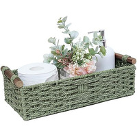 Round Paper Rope Storage Basket Wicker Baskets For Organizing With Handle Decorative Storage Bins For Countertop Toilet Paper Basket For Toilet Tank Top Small Baskets Set Green