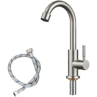 Cold Water Only Kitchen Faucet Brushed Nickel Single Handle 1 Hole 360 Degree Swivel Spout Deck Mount High Arc Sus304 Stainless Steel Sink Bar Tap Goose Neck With Hose(Drain Not Included)
