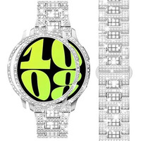 Dsytom Bands Compatible With Samsung Galaxy Watch 6 40Mm 44Mm  20Mm Bling Metal Replacement Galaxy Watch 6 Band 40Mm 44Mm With Rhinestone Protective Case For Women Girls (40Mm Silver)