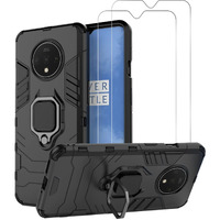 Urspasol For Oneplus 7T Case With Screen Protector Tempered Glass Hybrid Heavy Duty Armor Protective Bumper Phone Cover With 360 Degree Ring Holder Kickstand (Black)