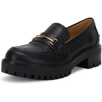 Womens Lug Sole Platform Mid Chunky Heel Loafers Classic Round Toe Slip On Office Uniform Oxfords Shoes With Metal Chain Black