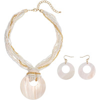 Coiris Multi Strand Statement Colorful Beaded Necklace Earrings Set With Big Circle Shell Pendant For Women (N0055-Natural)