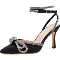 Vetaste Women's Double Bow Pointed Toe Ankle Strap Crystal Pumps Wedding Bridal Party Stilettos Backless Satin Heeled Sandals