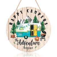 Toarti Happy Campers Wood Hanging Sign Plaque  Summer Outdoor Adventure Quote Wooden Door Hanger  Round Tent Camping Wall Art For Campers Travel Home Garden Decor (12''X12'')
