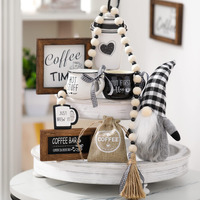 8 Pieces Coffee Bar Sign Farmhouse Decors  Wooden Mini Mug  Beads Garland For Rustic Tiered Tray Kitchen Table Decoration