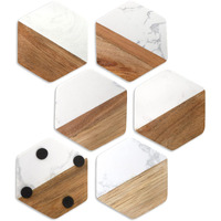 Zenfun Set Of 6 Marble Wood Coasters  Hexagon Geometric Coasters  Handcrafted Marble Coasters Set For Your Drinks And Beverages  Tea  Coffee  Wine/Bar Glasses  Tabletop Protection Helper