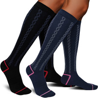 Aoliks 30-40 Mmhg Medical Graduated Compression Socks For Men & Women - 2 Pack Extra Firm Support Knee High Circulation Socks (Small-Medium  Balck Navy-Chain Pattern)