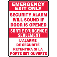 Accuform Fbmext566Xv French-Bilingual Adhesive Dura-Vinyl Sign  Legend ""Emergency Exit Only Security Alarm Will""  14"" Length X 10"" Width X 0.006"" Thickness  Red On White