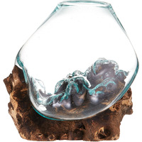 Cohasset Gift & Garden Natural Wood & Recycled Glass Molten Sculpture - Approximately 8"" Wide  Perfect As A Terrarium Container  Ecosphere Or Terrarium Jar For Live Terrarium Plants