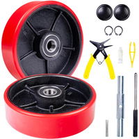 Pallet Jack/Truck Steering Wheels Set With Axle  Fasteners  And Protective Caps (4 Pcs) 7"" X 2"" Including Installation Tool Kit And Bearings Id 20Mm Poly Tread Red Pre-Installed