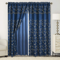 Elegant Comfort Luxury Curtain/Window Panel Set With Attached Valance And Backing 54"" X 84 Inch (Set Of 2)  Navy