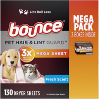 Bounce Pet Hair And Lint Guard Mega Dryer Sheets With 3X Pet Hair Fighters  Fresh Scent  130 Count (Packaging May Vary)