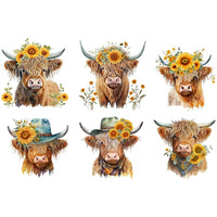 6 Piece 6""X6"" Sunflower Highland Cows 100% Cotton Fabric Panel Squares - Quilting Panel Blocks