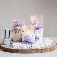 Mavandes Flameless Flickering Glass Candles With Remote And Timer Purple Flowers Led Battery Operated Real Wax Set Of 3 Realistic Wick Electric Pillar Candles Warm Fire(3 X 4  5  6 Inches)
