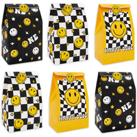 Jarthenaamcs 24Pcs One Happy Dude Party Favor Bags Smile Face Paper Gift Bags With Tag Sticker Decals Checkered Candy Treat Bags For Baby Shower Birthday Party Supplies