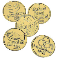 Fun Express Religious Bible Verse Gold Coins - 144 Pieces - Sunday School Supplies And Vbs Prizes - Vbs Vacation Bible School Supplies/Decor