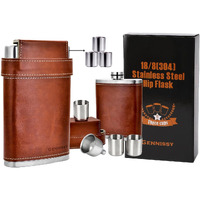 Gennissy 304 18/8 Stainless Steel 8Oz Flask - Brown Leather With 3 Cups And Funnel 100% Leak Proof