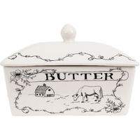 Creative Co-Op Country Stoneware Butter Dish With Lid  ""Spread The Love"" Message  And Farm Line Drawing  White And Black