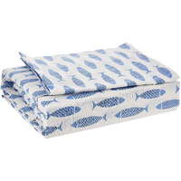 Nautica - King Sheet Set  Cotton Percale Bedding Set  Crisp & Cool  Lightweight & Breathable (Woodblock Fish Blue  King)