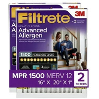 Filtrete 16X20X1 Ac Furnace Air Filter  Merv 12  Mpr 1500  Certified Asthma & Allergy Friendly  3 Month Pleated 1-Inch Electrostatic Air Cleaning Filter  2-Pack (Actual Size 15.69X19.81X0.78 In)