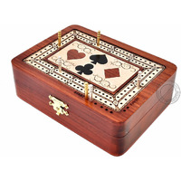 House Of Cribbage - 2 Track - Wooden Cribbage Board/Box - Inlaid In Bloodwood/Maple Wood - Storage For Pegs & One Deck Of Cards - 60 Points - Non Continuous